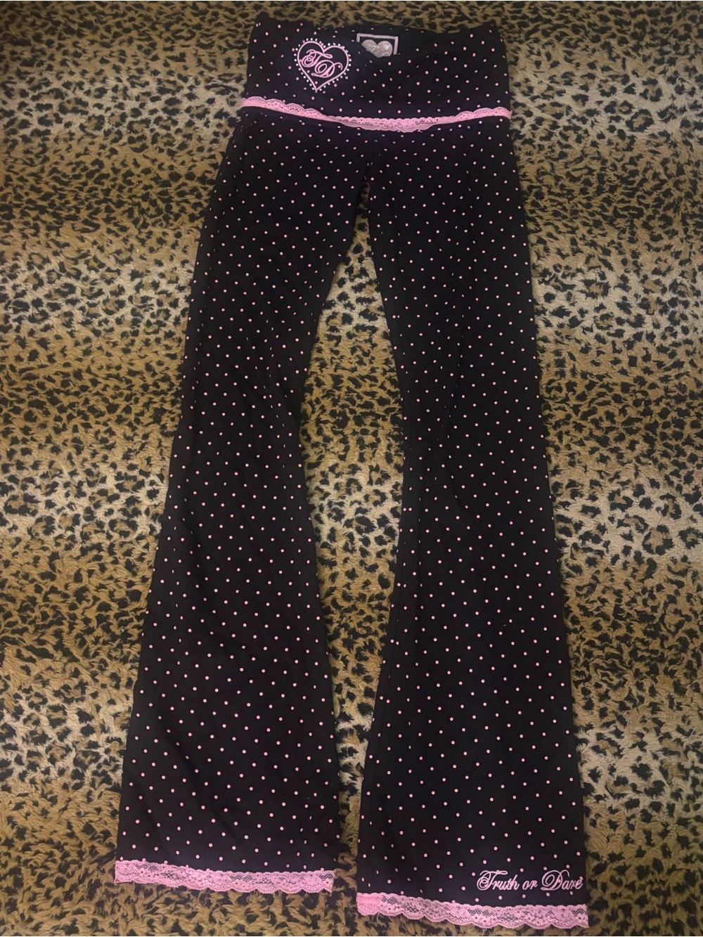 size xs truth or dare foldover black and pink polka dot yoga pants